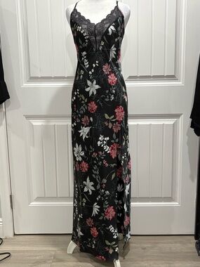 Nayomi Black Satin Floral Lace-Trim Maxi Slip Dress Size S